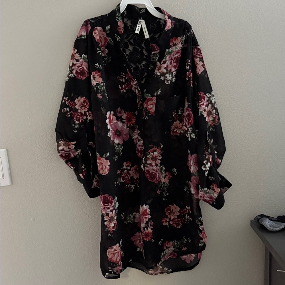 Floral Black and Pink Button-Up Blouse